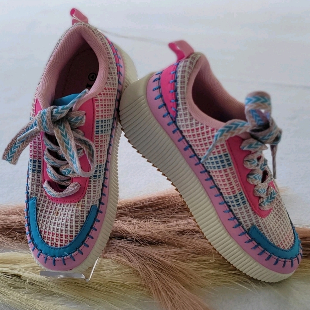 Link Girls Bright Multi Color‎ Patchwork Platform Sneakers Size 4
